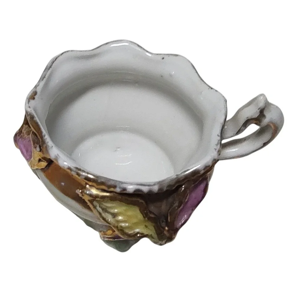 Vintage Bone China Demitasse Cup Green Pink Raised Flowers Footed Two Inches SEE